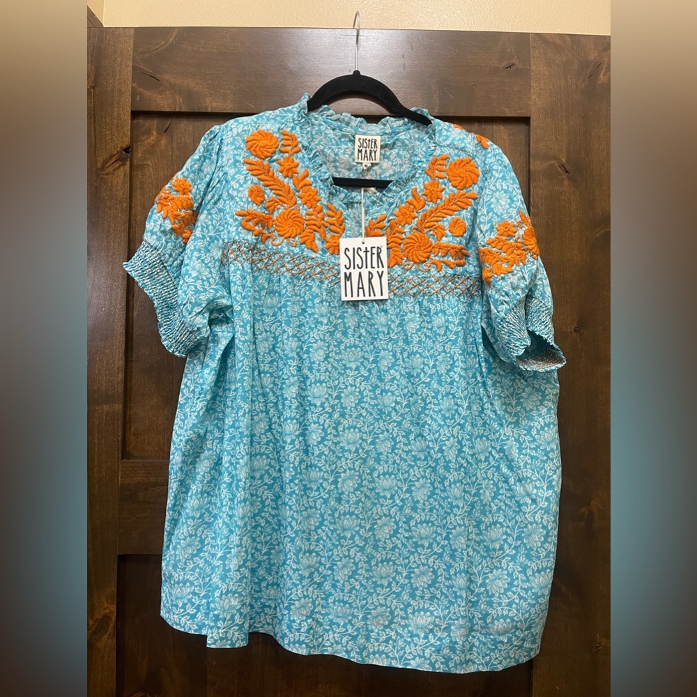 NWT Sister Mary Embroidered Top-Turquoise Print with Orange embroidery-XL